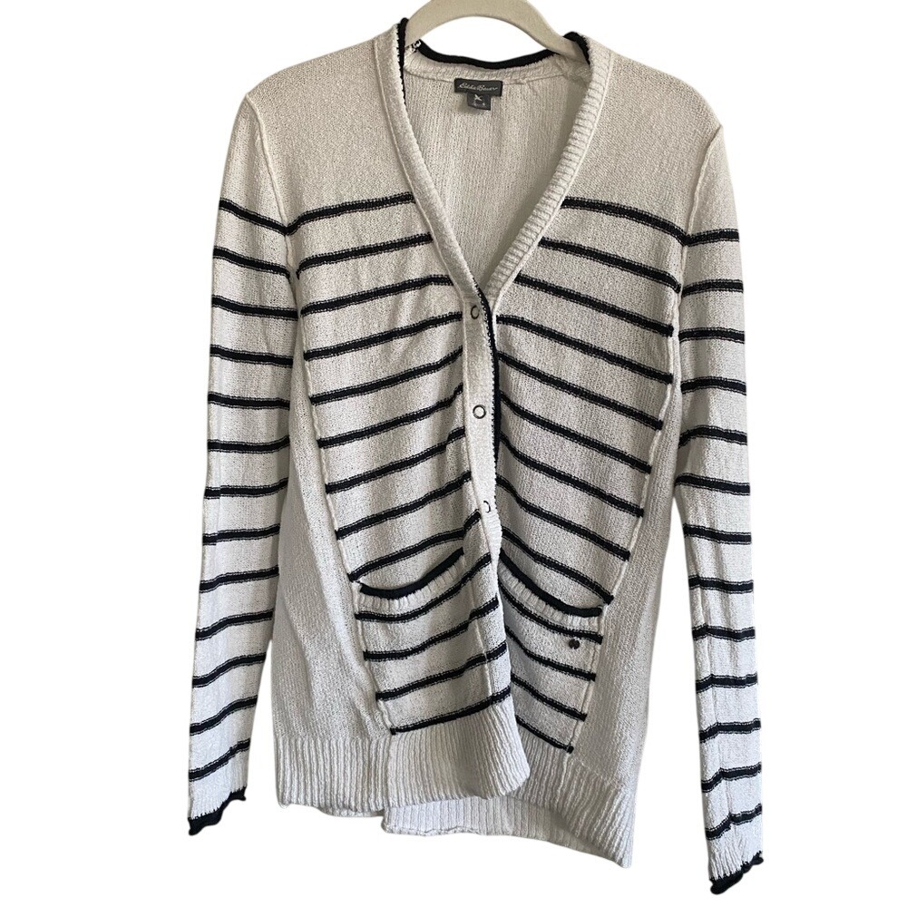 Eddie Bauer Cardigan Sweater Womens Small S Blue White Striped Waffle Knit
